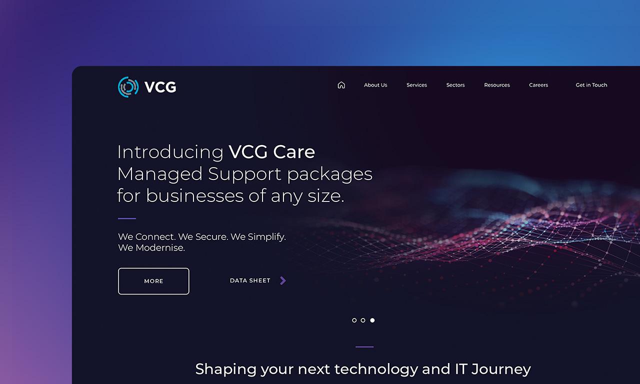 Showcase of new website design, UX / UI and custom development for the technology and connectivity company VCG by Vibe Studio UK