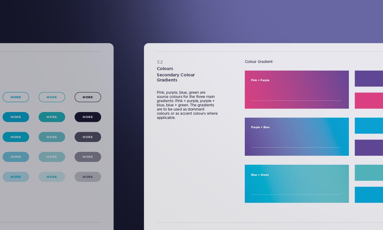 Branding manual and guidelines pages for VCG showing brand assets, colours, and web UI elements