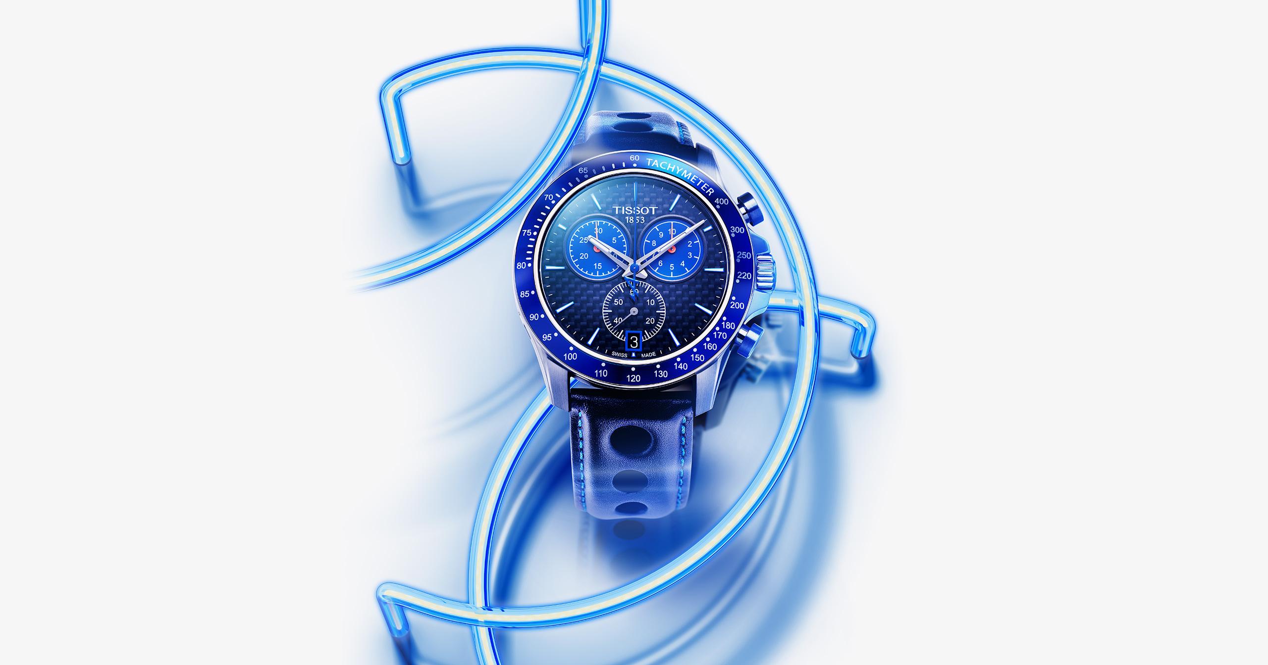 Tissot Watch displayed with dynamic shapes and neon lighting effects in 3D/CGI for magazine feature