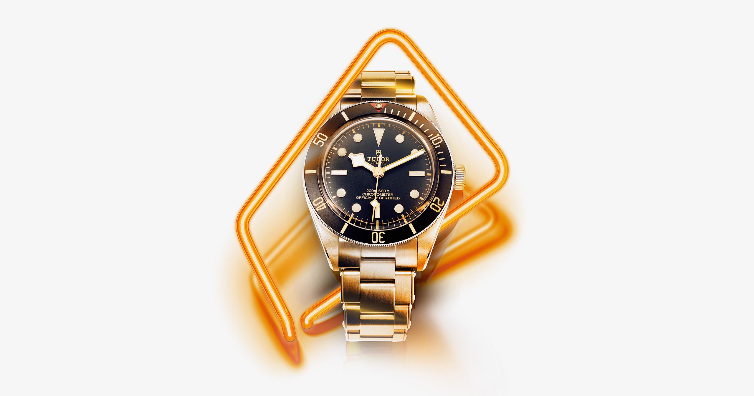 Tudor Watch featuring creative neon lighting and 3D visual effects for magazine cover