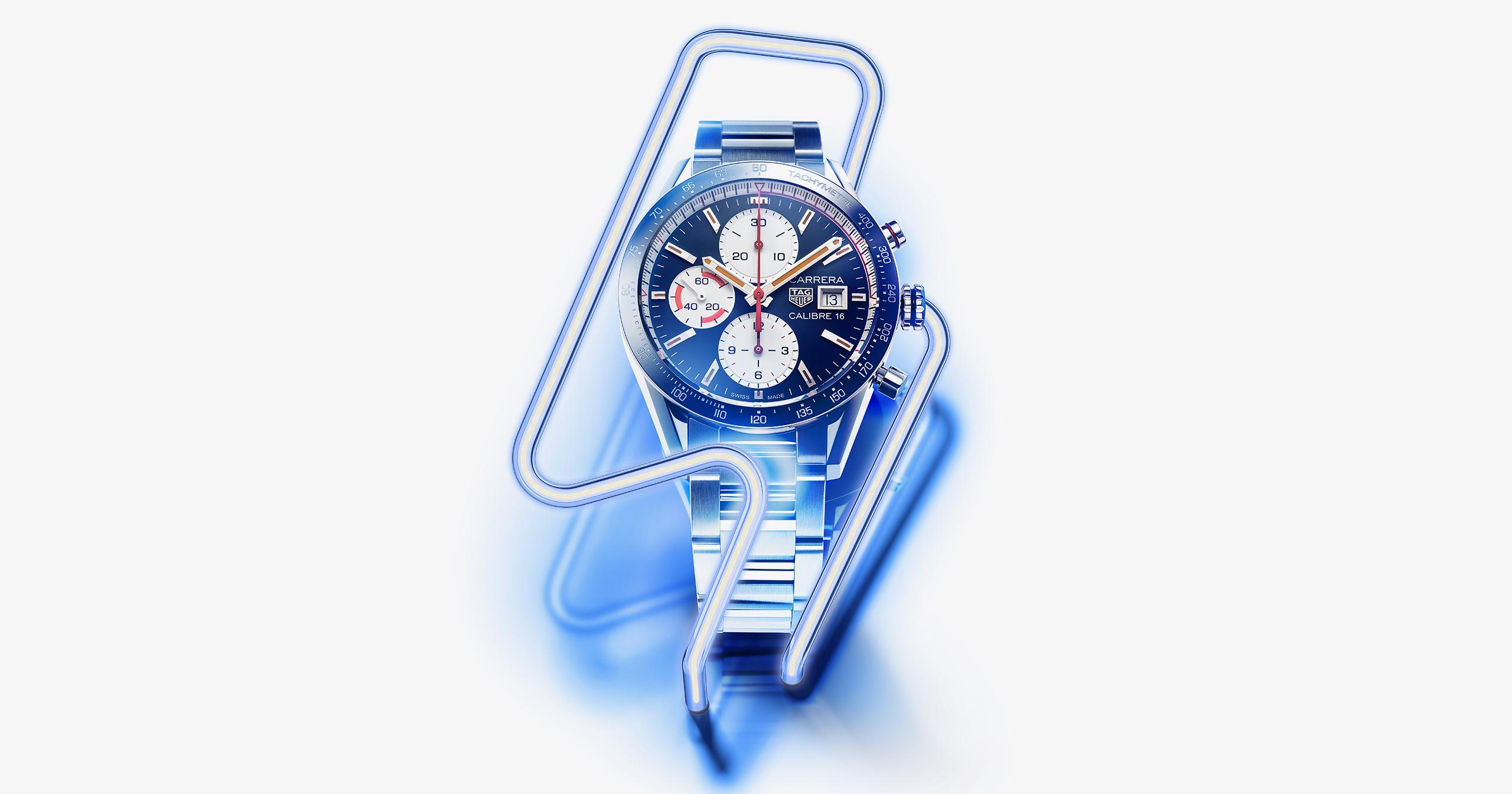 Carrera Watch under neon light effects, showcasing 3D/CGI services in magazine cover product visualisation