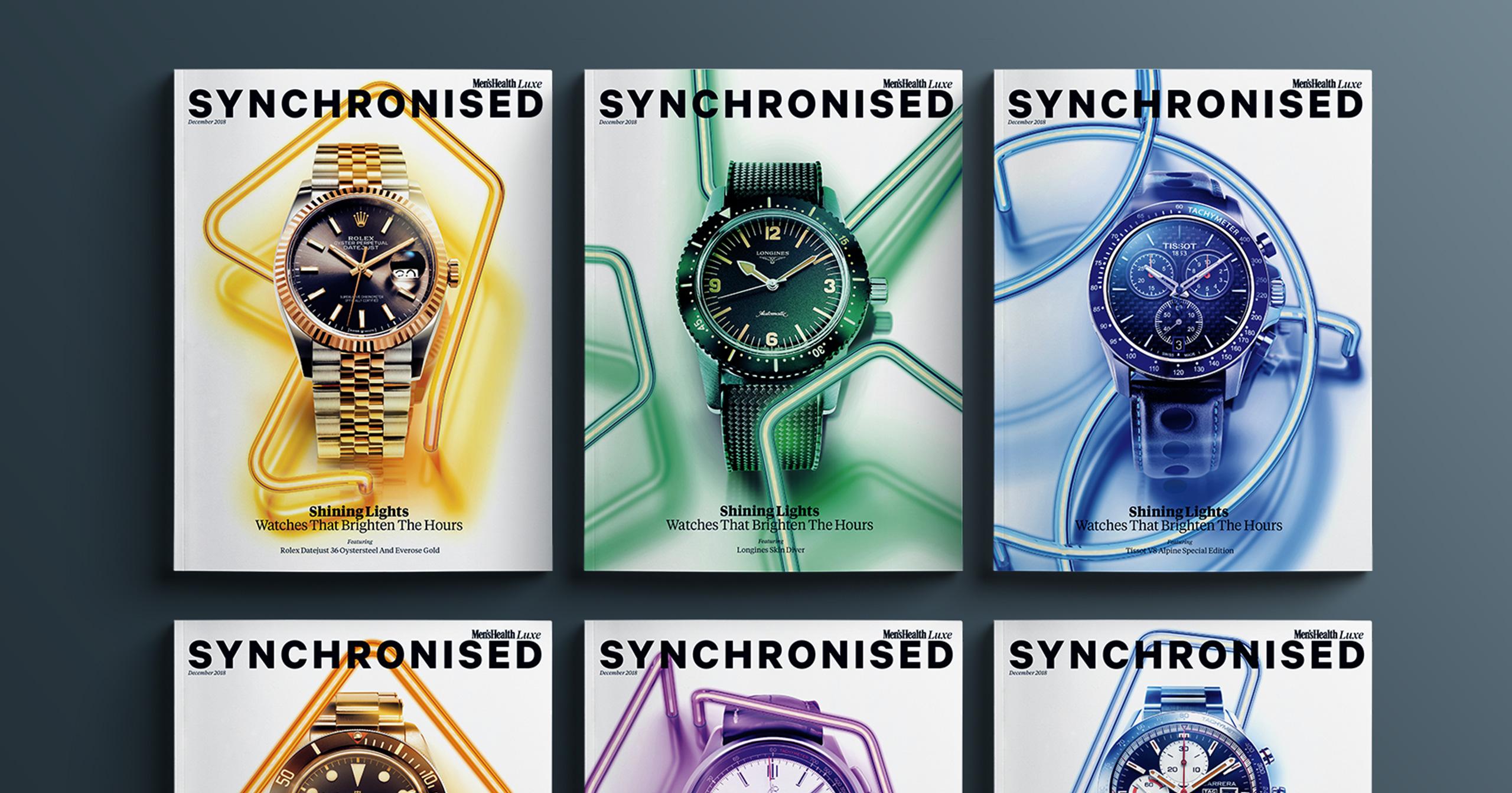 Six covers of Men’s Health Synchronised edition showcasing high-end watches and neon 3D visuals