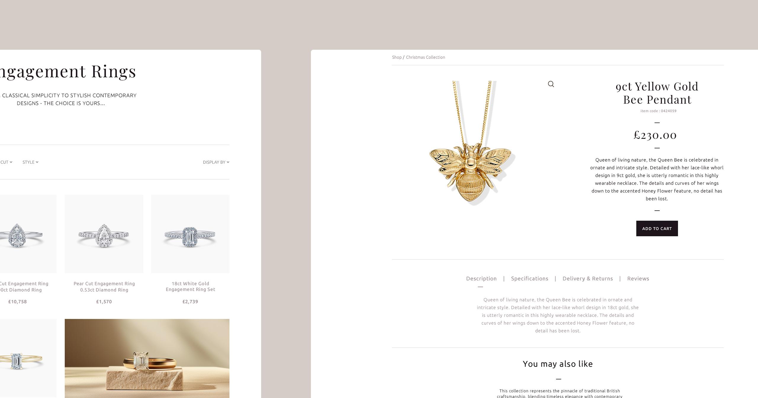 Browser view of Jewellery Brand shop pages, bespoke UX/UI design, custom build