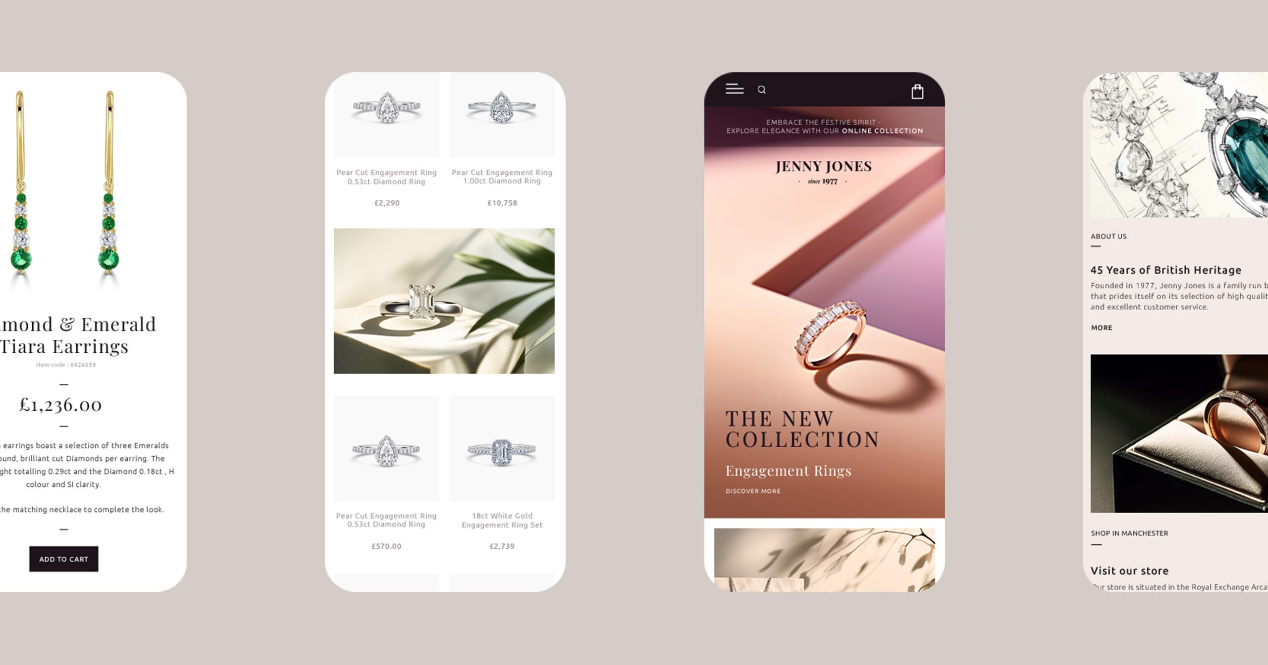 Mobile-first design of Jenny Jones Jewellery website highlighting responsive e-commerce features