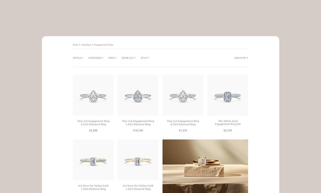 Product listing page for a jewellery store developed by our e-commerce solutions team