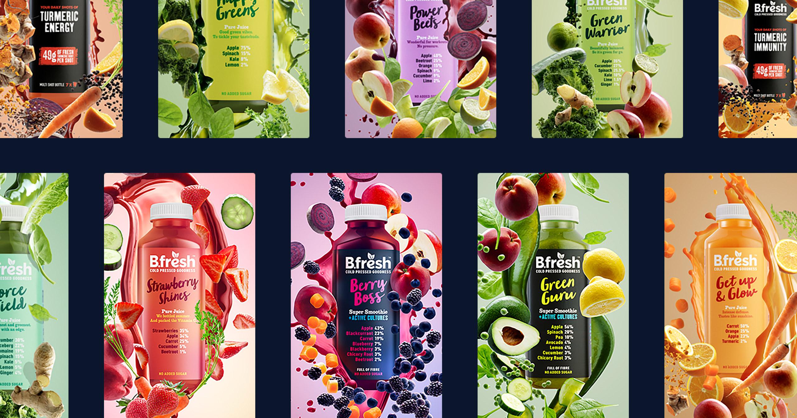 Collection of juice bottle imagery with splashes and fruit creative compositions - content creation and visualisation