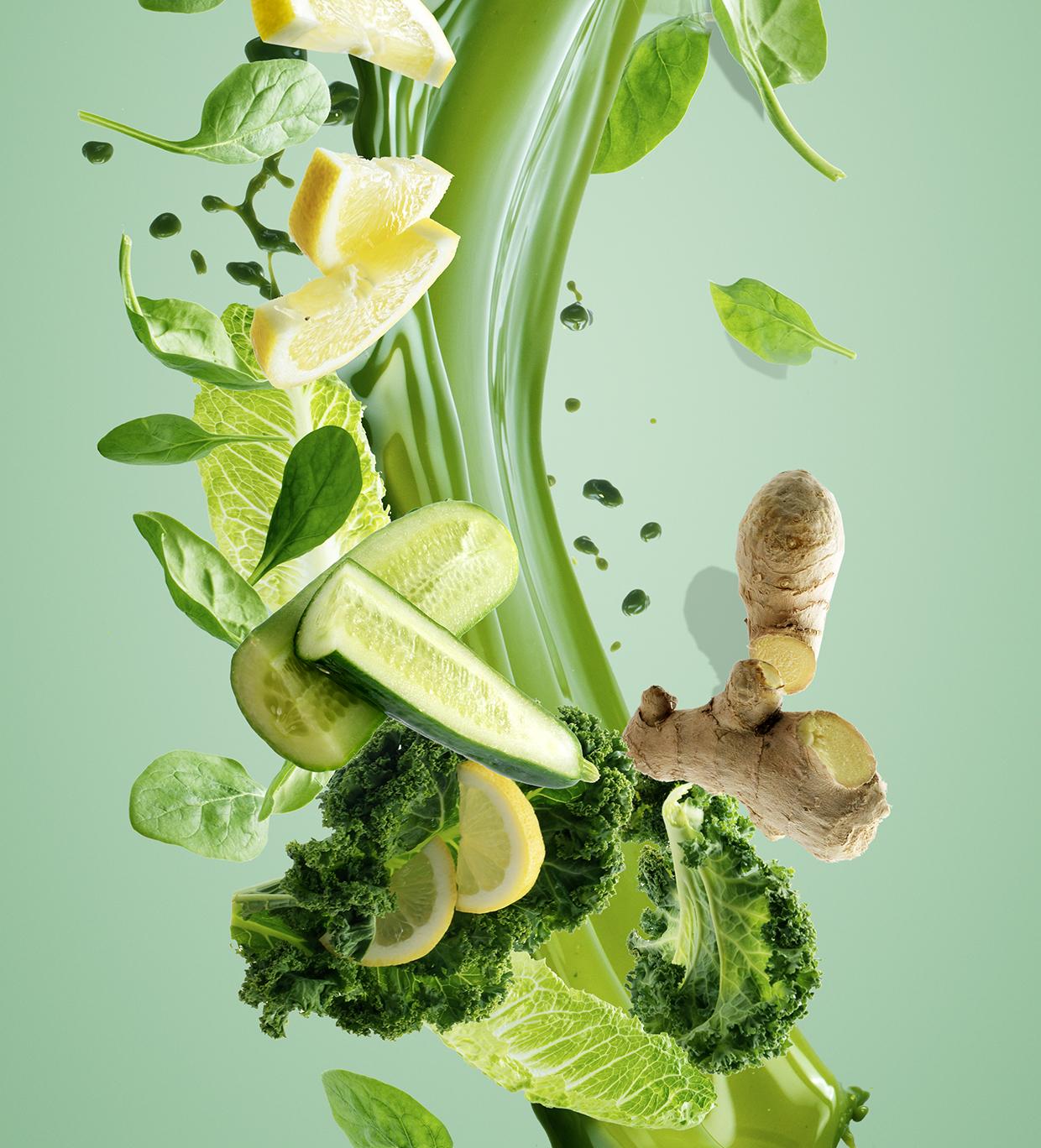 Creative visual of juice with fruits and vegetables - creative composition - creative retouching and content creation by Vibe