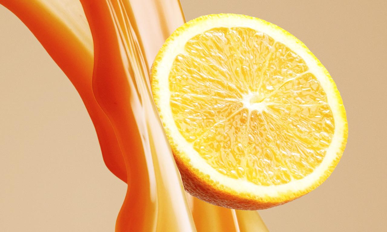 Creative visual of orange juice flow and fruit - advanced post-production and retouching